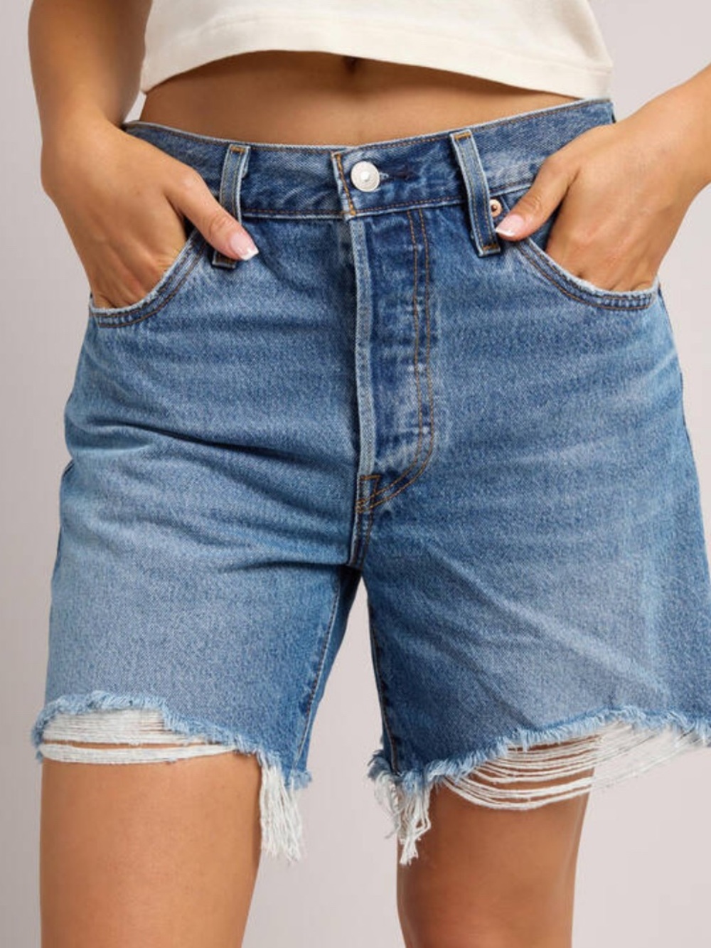 Levi's 501 Mid-Thigh Medium Wash Distressed Denim Shorts